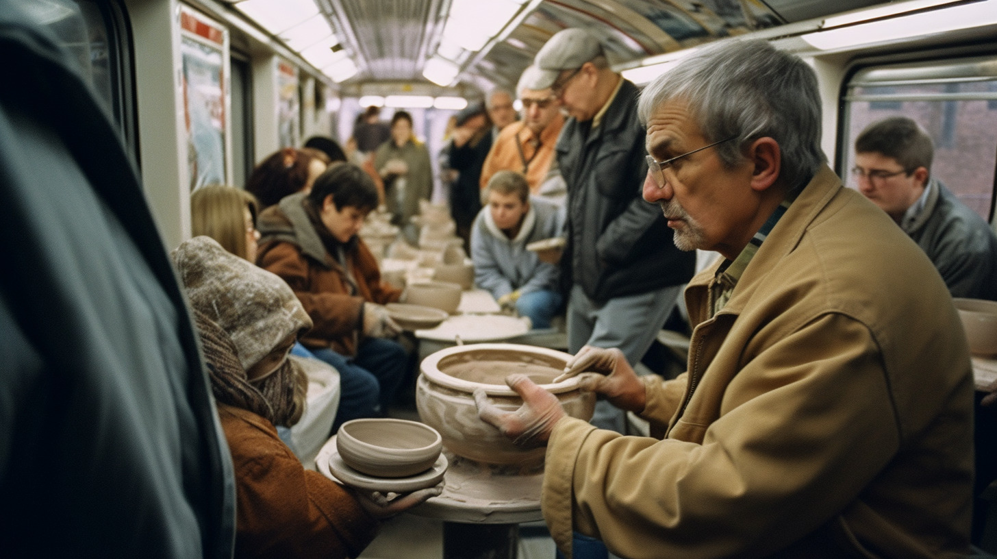 a group of people riding on a train next to each other