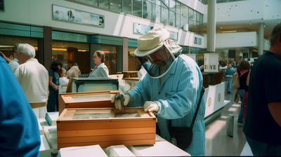 a man in a white hat and blue coat looking at a box