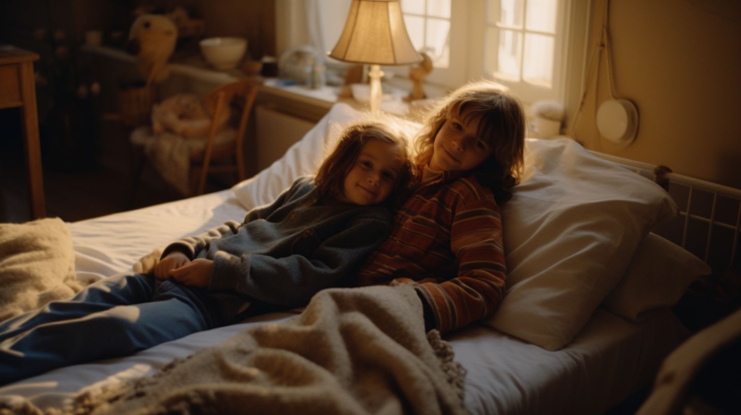 two little girls laying on a bed together