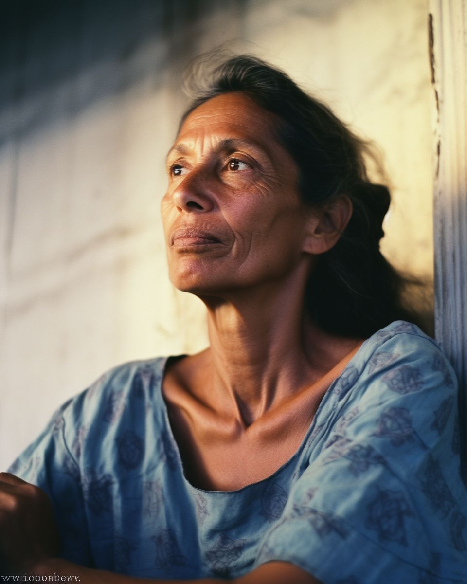 a woman looking up while leaning against a wall