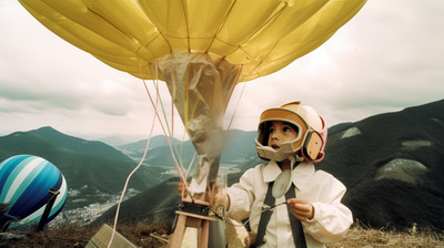 a man holding onto a large yellow balloon