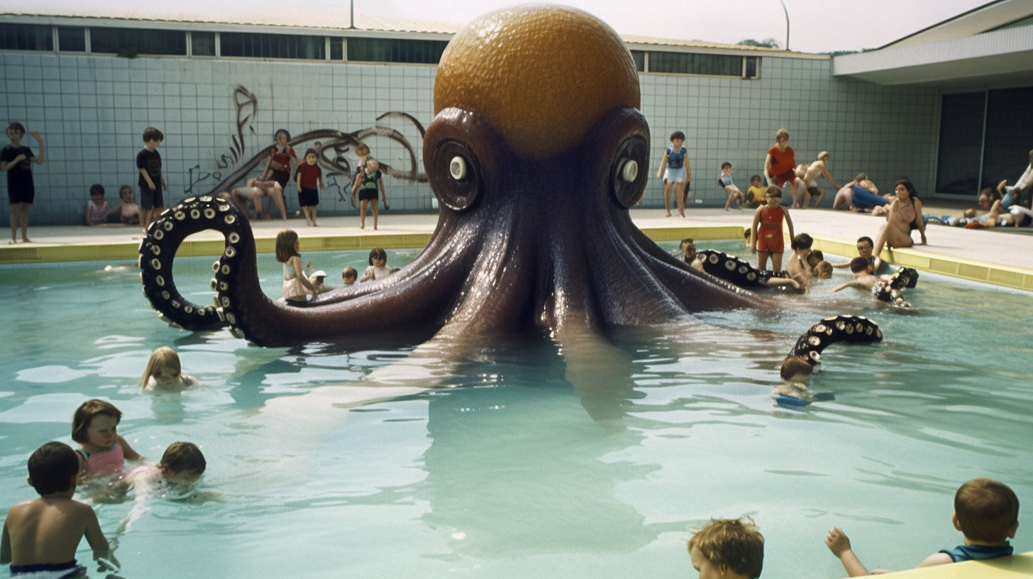 an octopus in a pool with people swimming around