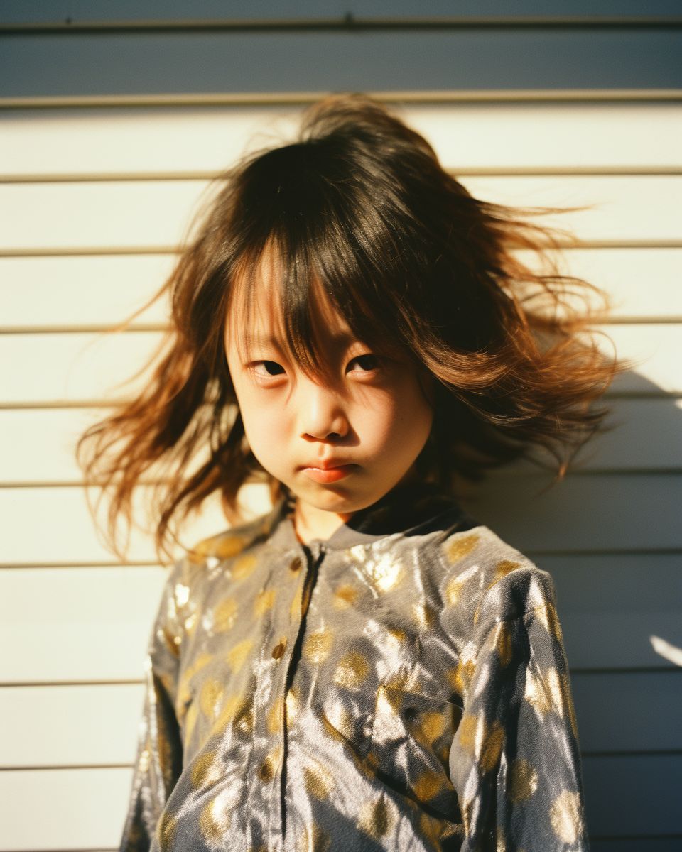 a young girl standing in front of a white wall