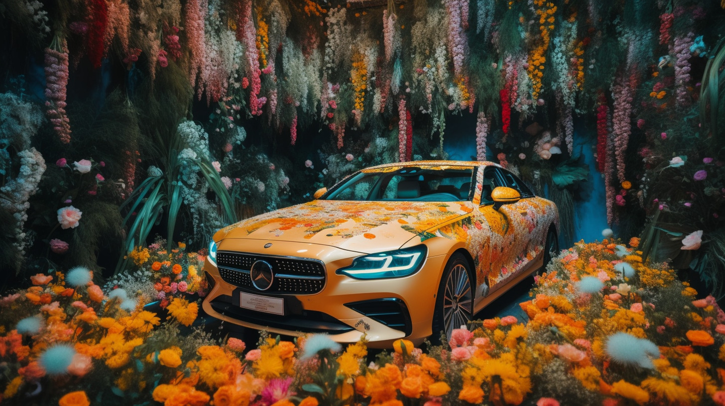 a car parked in a field of flowers