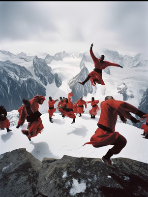 a group of people dressed in red doing tricks on top of a mountain