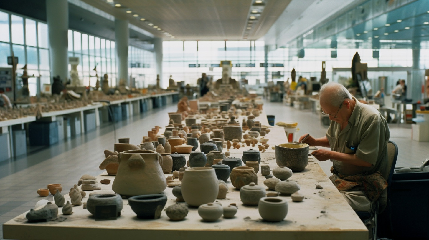 a man working on pottery in a large room