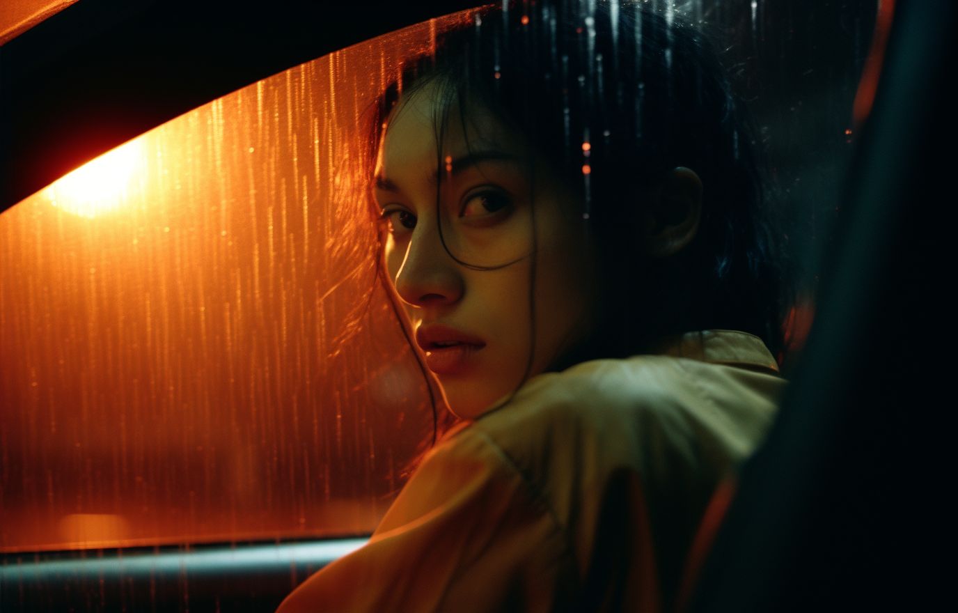 a woman sitting in a car in the rain