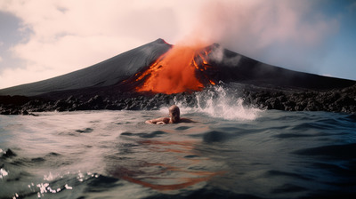 a person laying on a surfboard in the water near a volcano