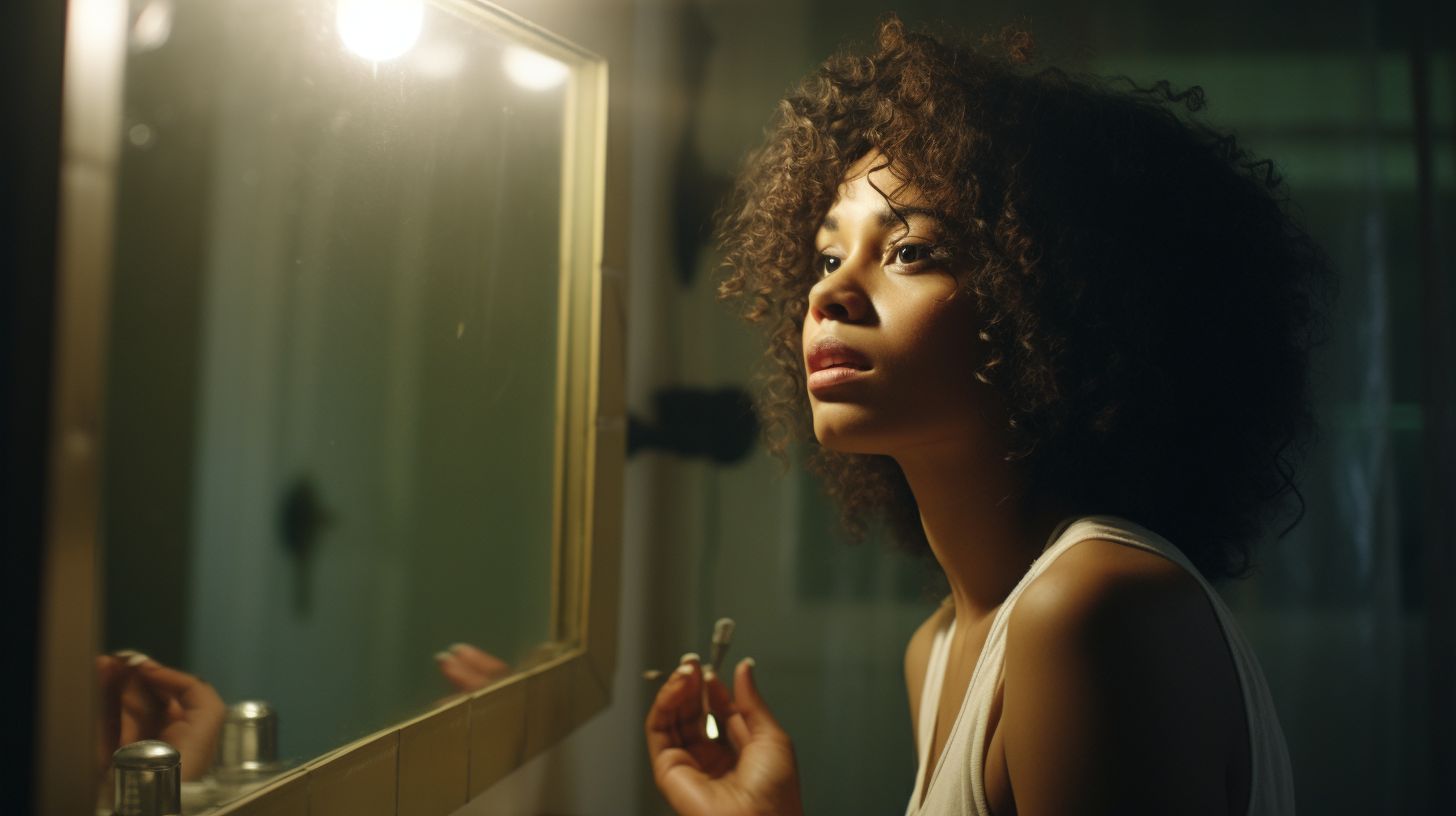 a woman looking at herself in the mirror