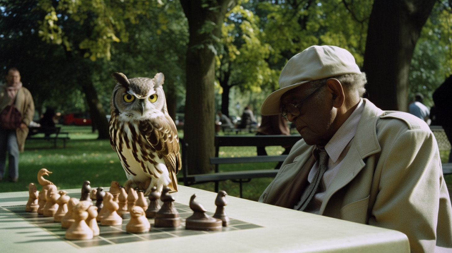 a man sitting at a table with an owl on top of a chess board