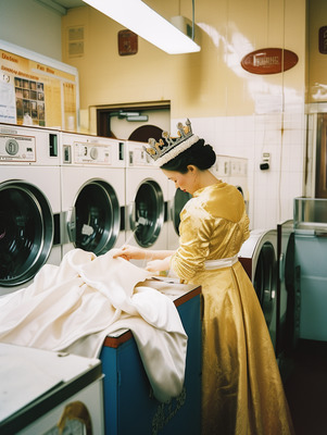 a woman in a yellow dress and a crown standing in front of a washer