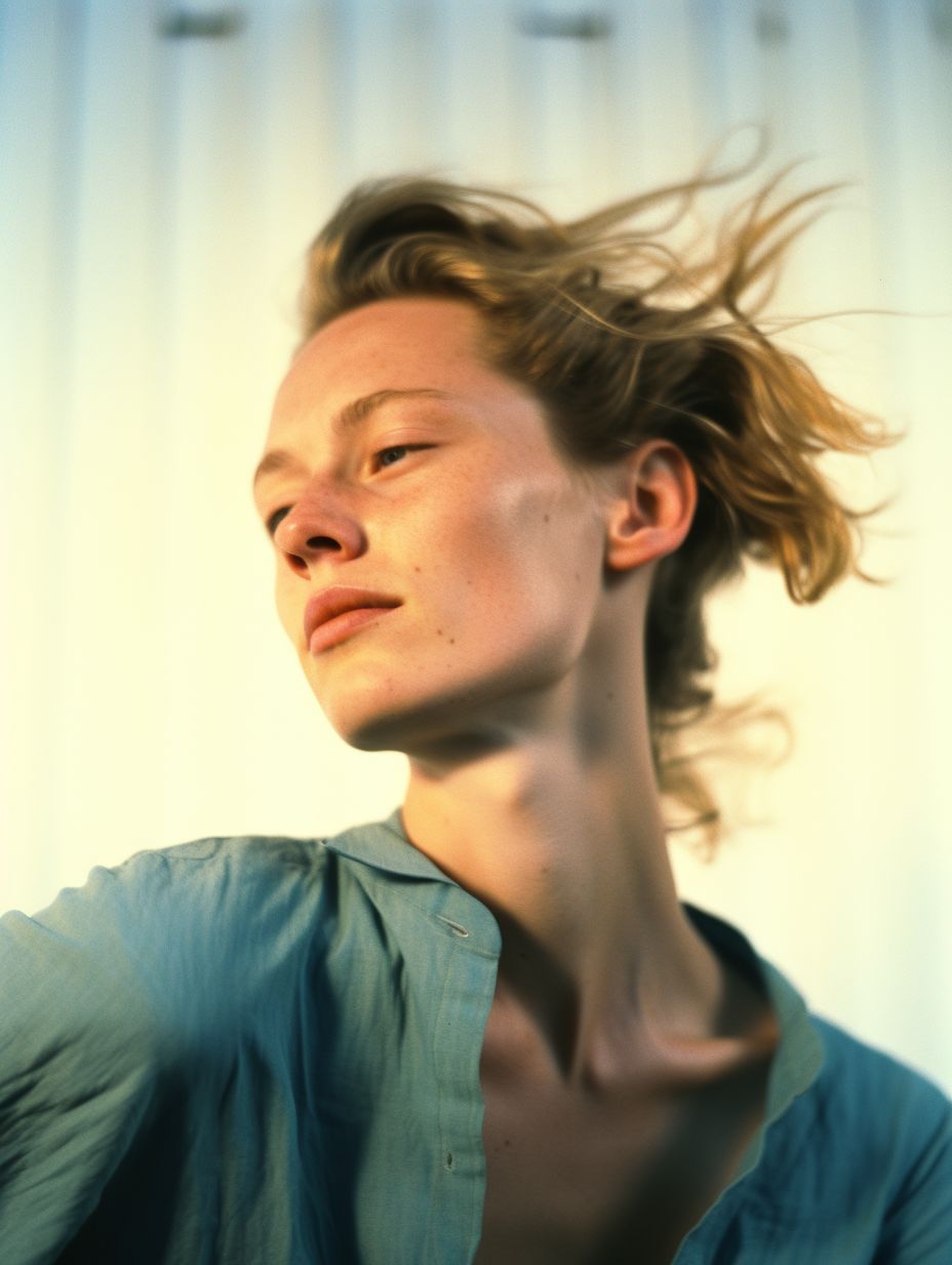 a woman with her hair blowing in the wind