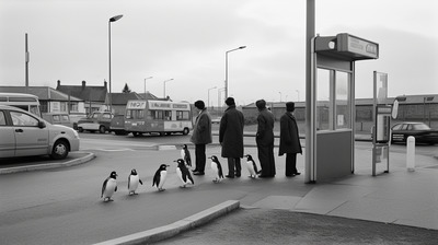 a group of people standing next to a group of penguins