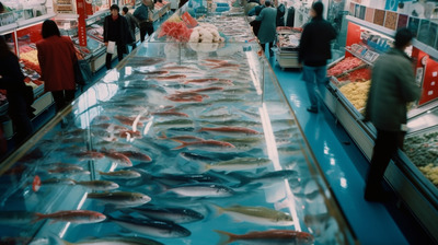 a fish market filled with lots of different types of fish