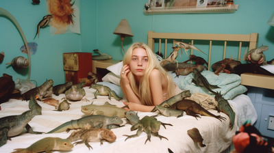 a woman laying on a bed surrounded by stuffed animals