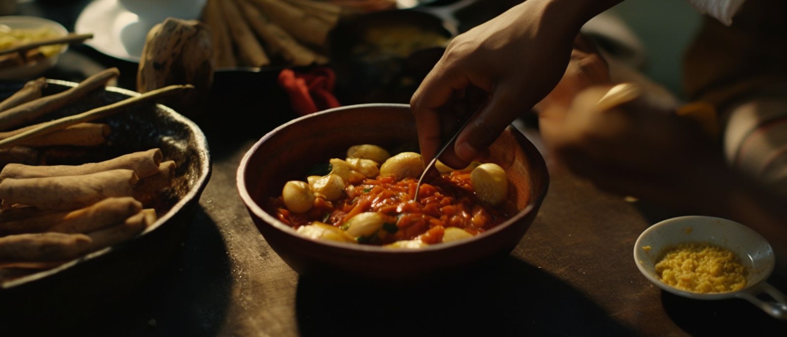 a person cutting food in a bowl on a table