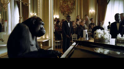 a monkey sitting at a piano in front of a group of people