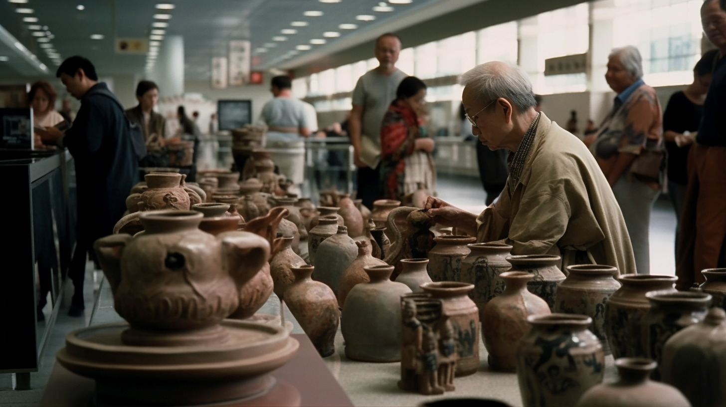 a group of people standing around a table filled with vases