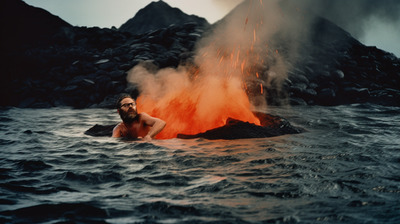 a man standing in the water next to a volcano