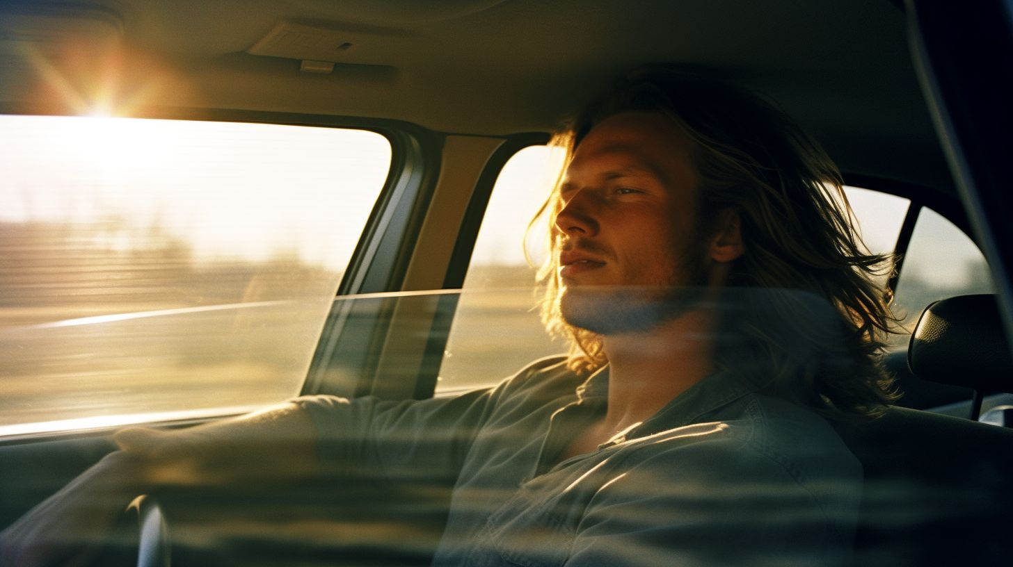 a man driving a car with the sun shining through the windshield