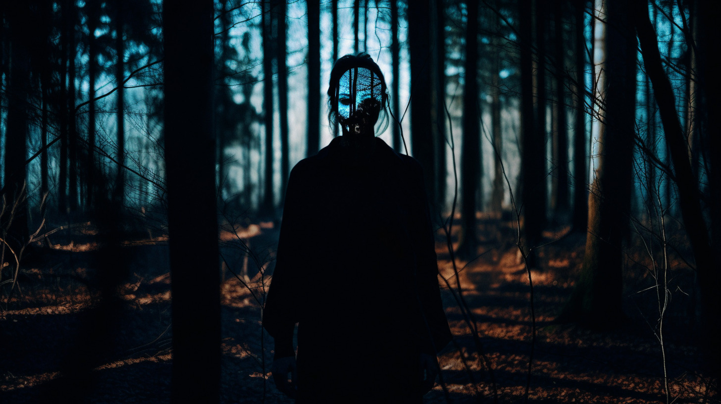 a person standing in the woods with a mask on