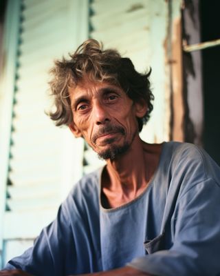 a man with curly hair sitting at a table