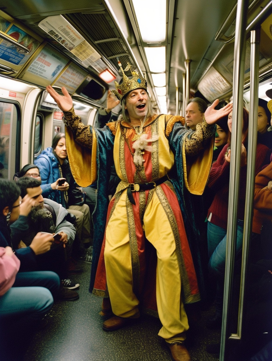 a man in a costume riding a subway train