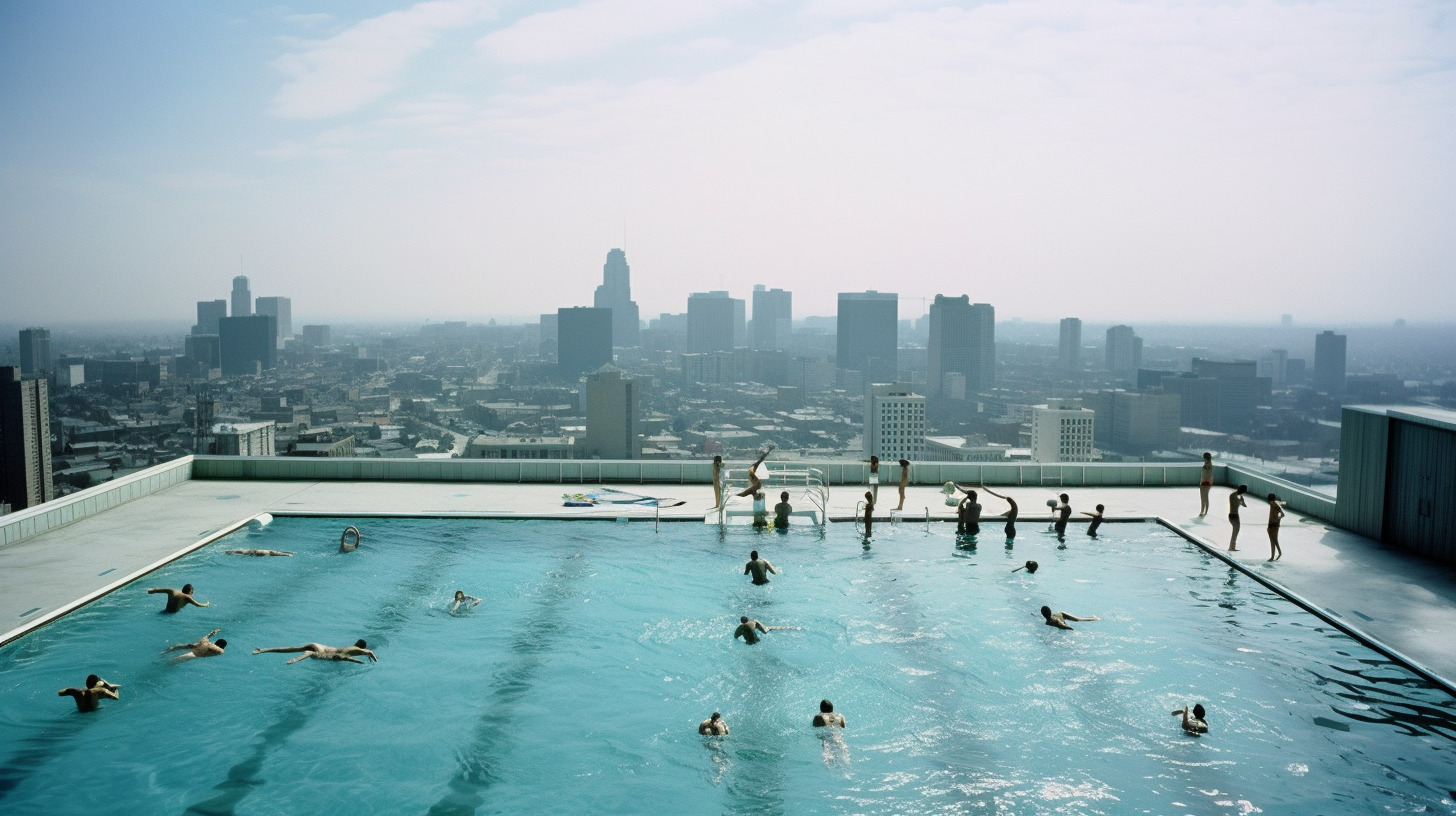 a group of people swimming in a large swimming pool