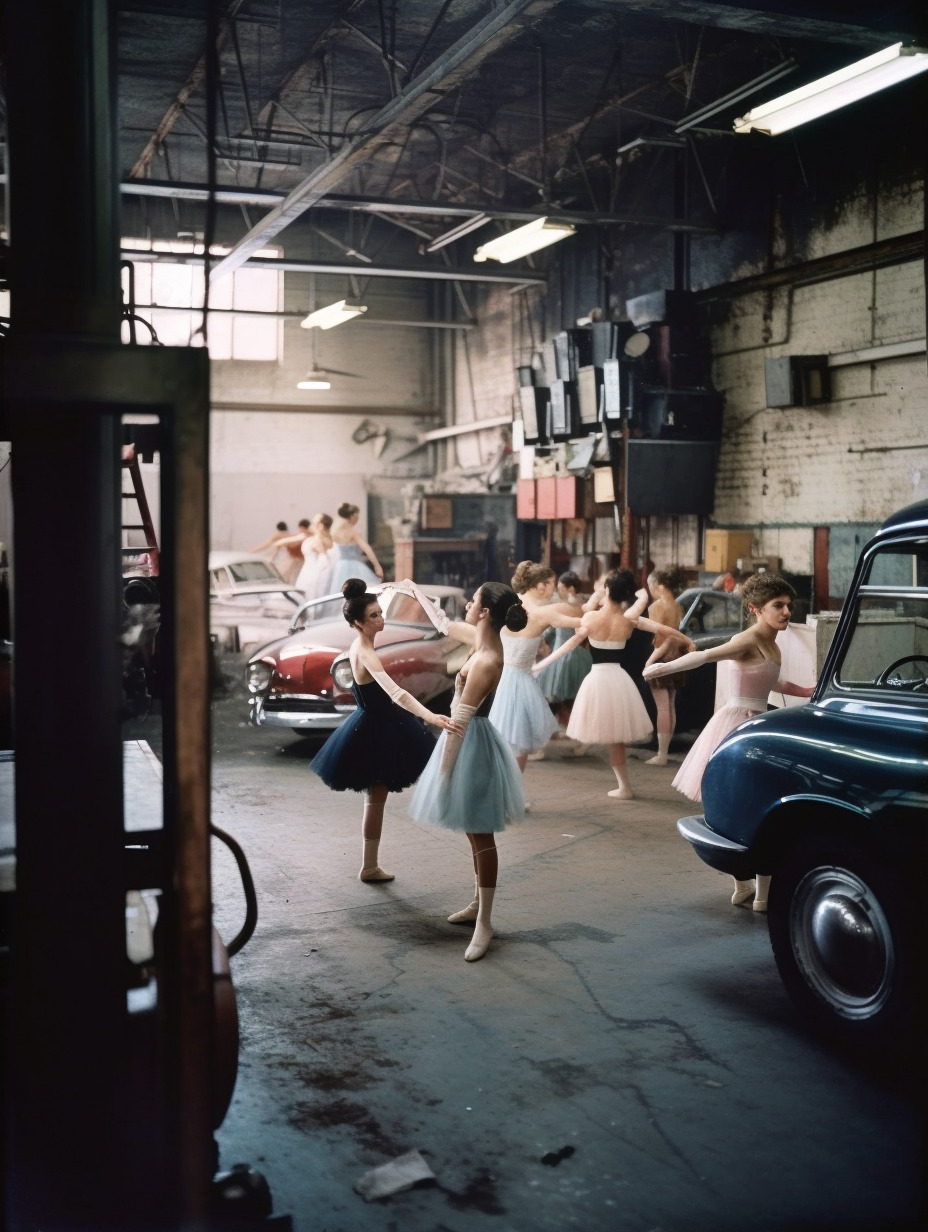 a group of young women dancing in a garage