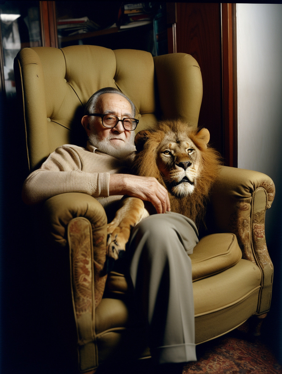 a man sitting in a chair next to a lion