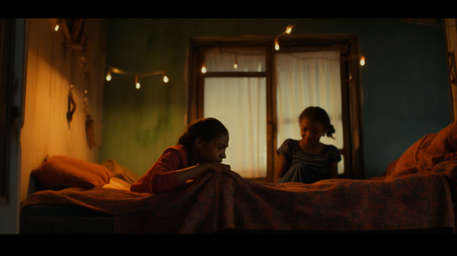 two young girls sitting on a bed in a room