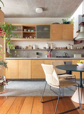 a kitchen with a table, chairs and a potted plant