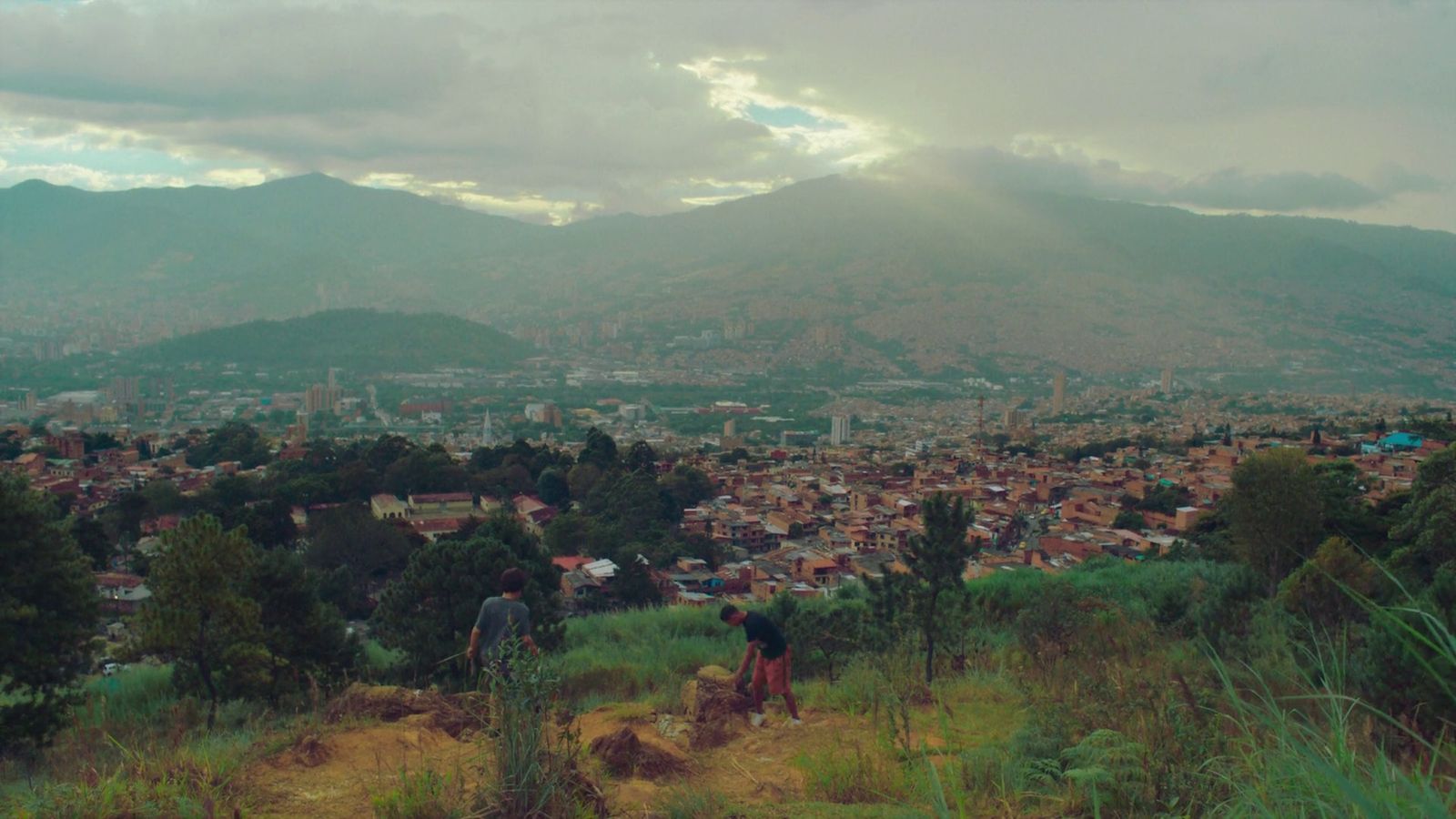 a view of a city with mountains in the background