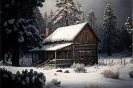 a painting of a cabin in a snowy forest