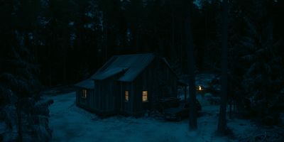 a cabin in the middle of a forest at night