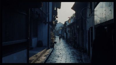 a person is walking down a cobblestone street