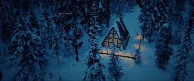 a cabin in the middle of a snowy forest