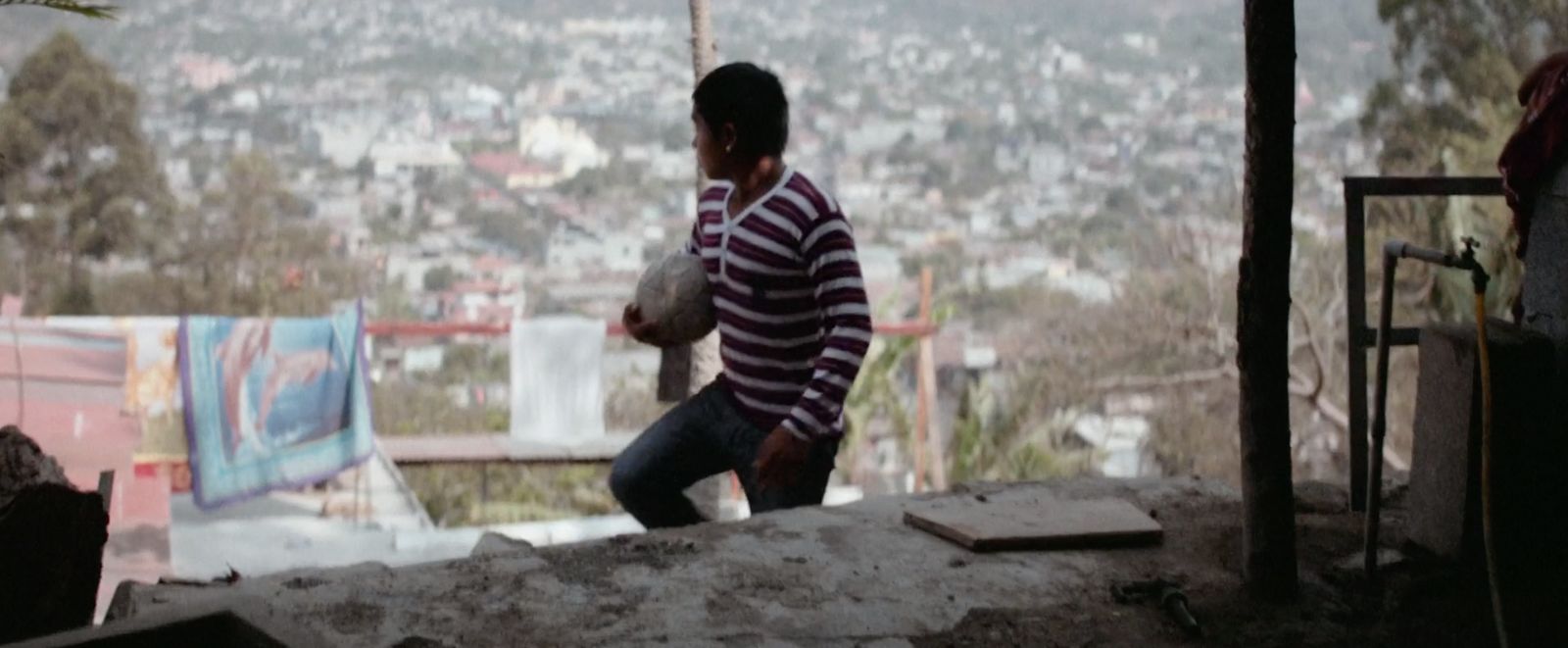 a man standing on top of a roof next to a forest