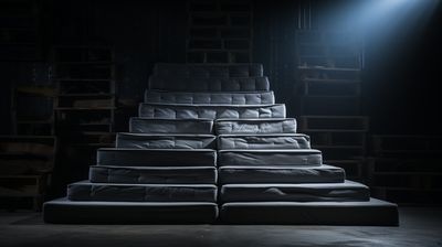 a stack of mattresses in a dark room