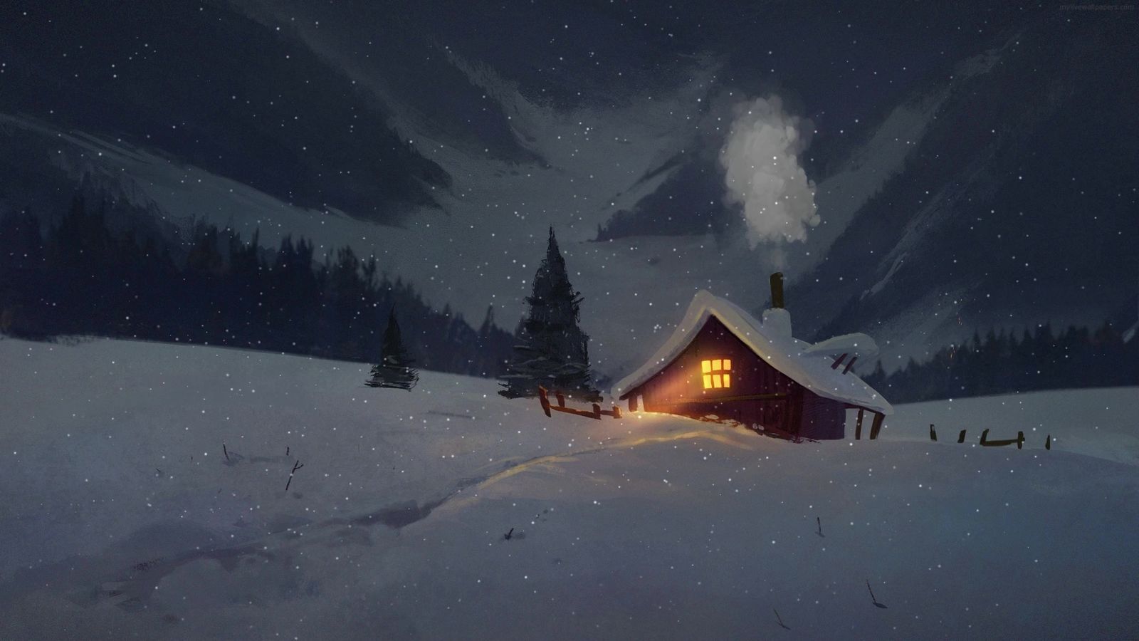 a cabin in the middle of a snowy night