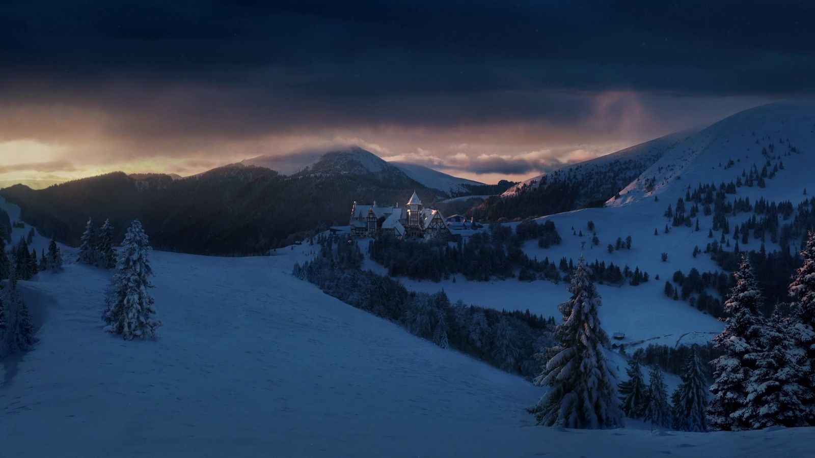 a snow covered mountain with a castle in the distance