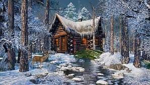 a painting of a cabin in the woods