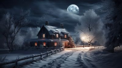 a snowy night with a house and a full moon