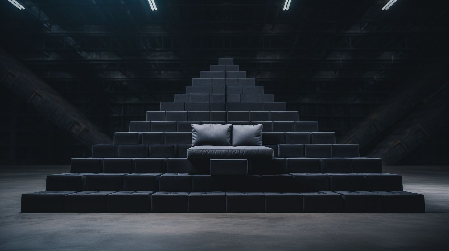 a black couch sitting on top of a set of steps