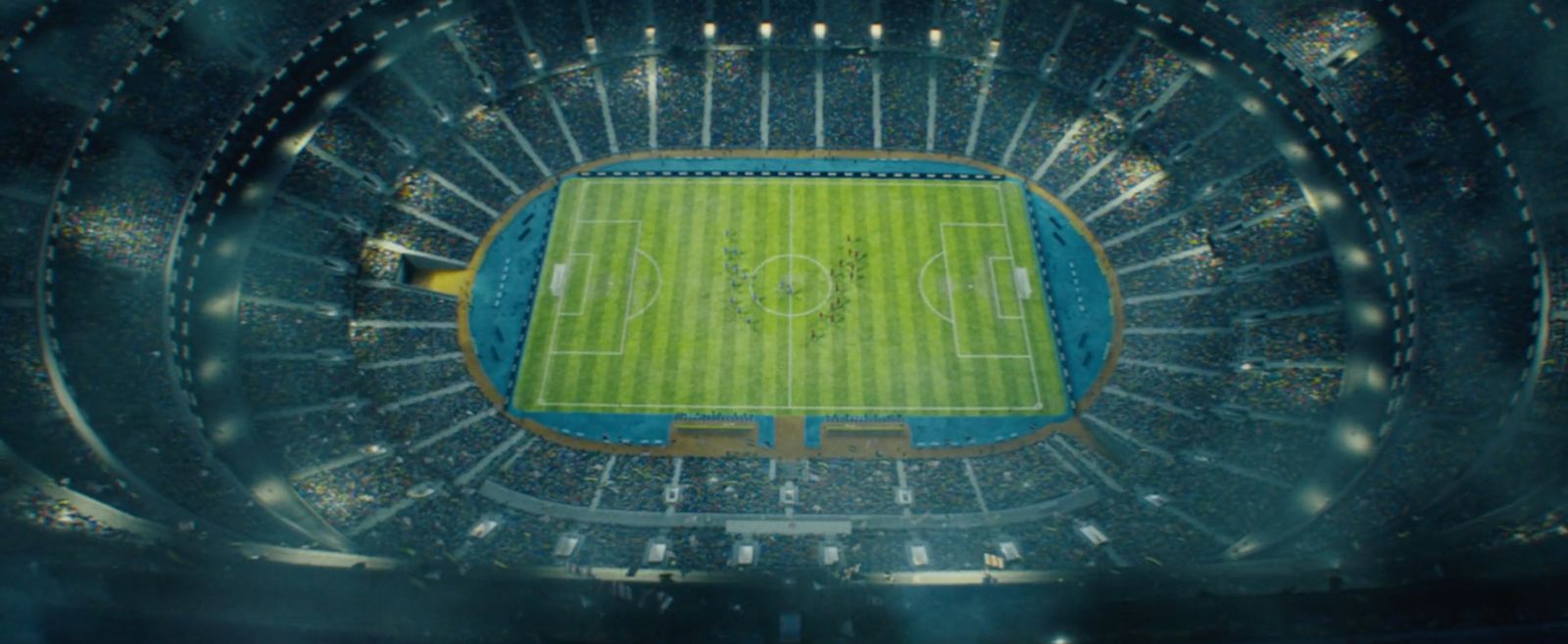 an aerial view of a soccer field in a stadium