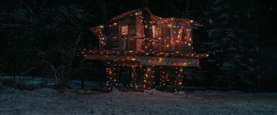 a house covered in christmas lights in the snow