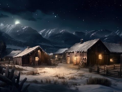 a night scene of a snowy mountain town