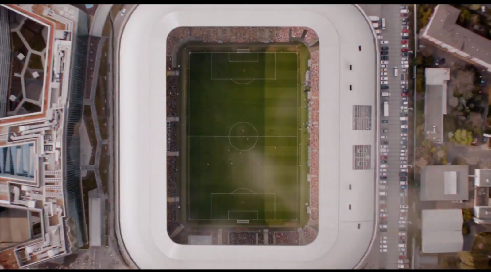 an aerial view of a soccer field from above