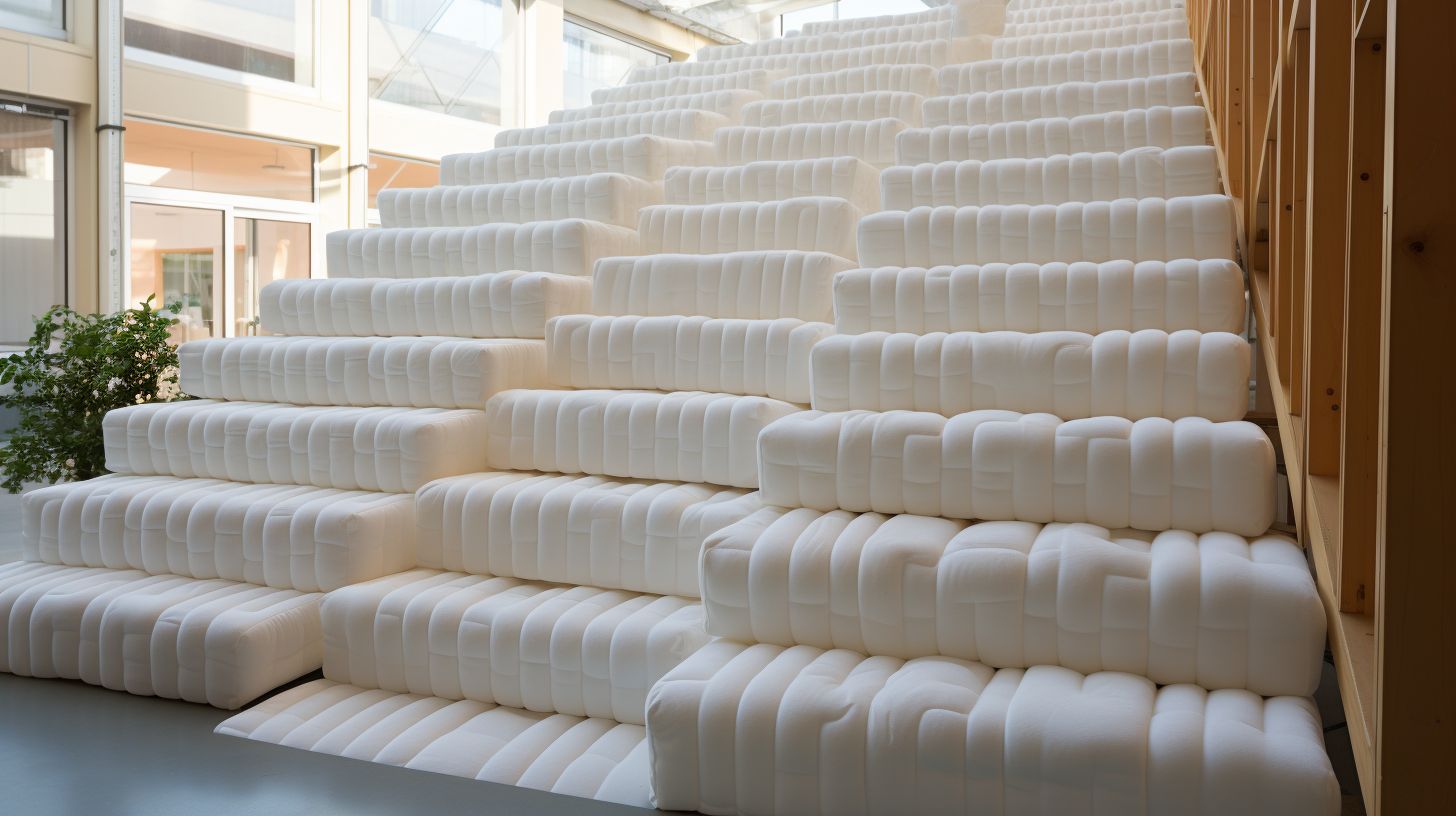 a large stack of white mattresses sitting on top of a floor