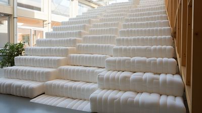 a large stack of white mattresses sitting on top of a floor